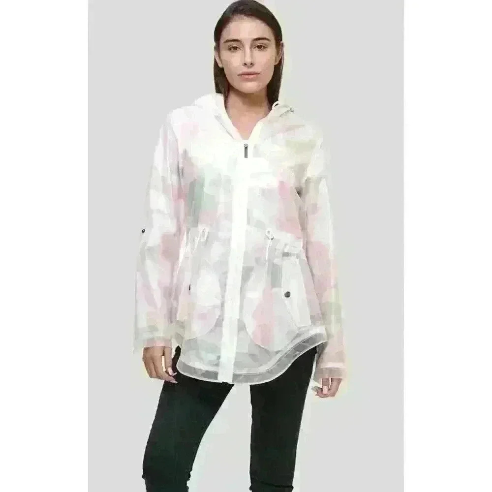 MEMBERS ONLY WOMEN’S WINDBREAKER Hooded Translucent Long Camo Jacket Size Small